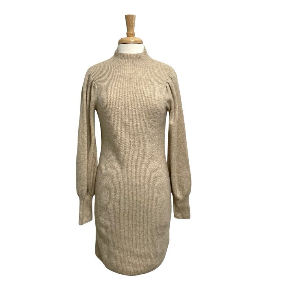 Madewell Wool Blend Turtleneck Puff Sleeve Sweater Dress Neutral Tan size XXS